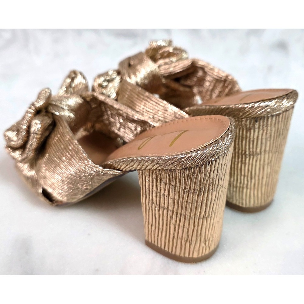 Lulus Gold Bow Block Heel Sandals Womens 5 Metallic Slip On Wedding Party Bridal - Picture 6 of 14
